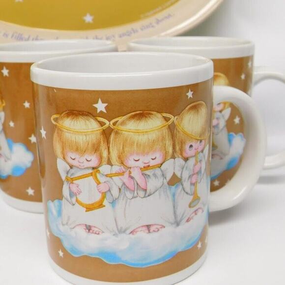 5 Piece Hallmark Mugs Peace Love Joy Angels Metal Tray Serving Tray 1992 Vintage - Picture 6 of 8